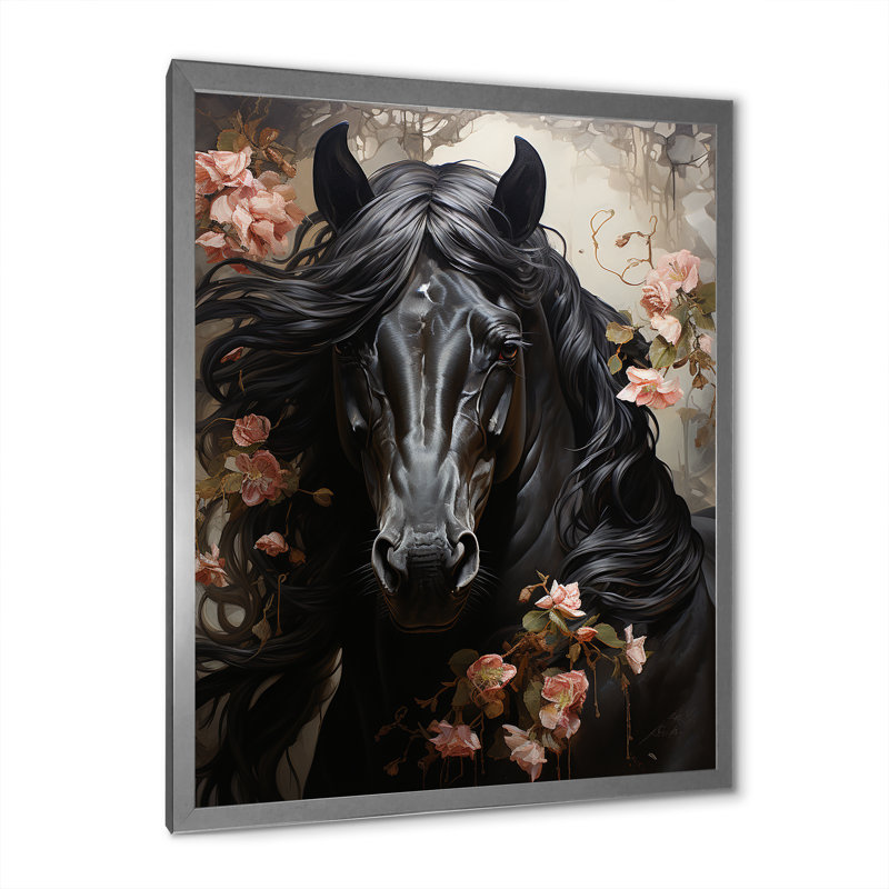 «Black Flower Stallion», reproduction sur toile encadrée, Cadre photo argenté, H 20 po x l 12 po x P 1 po