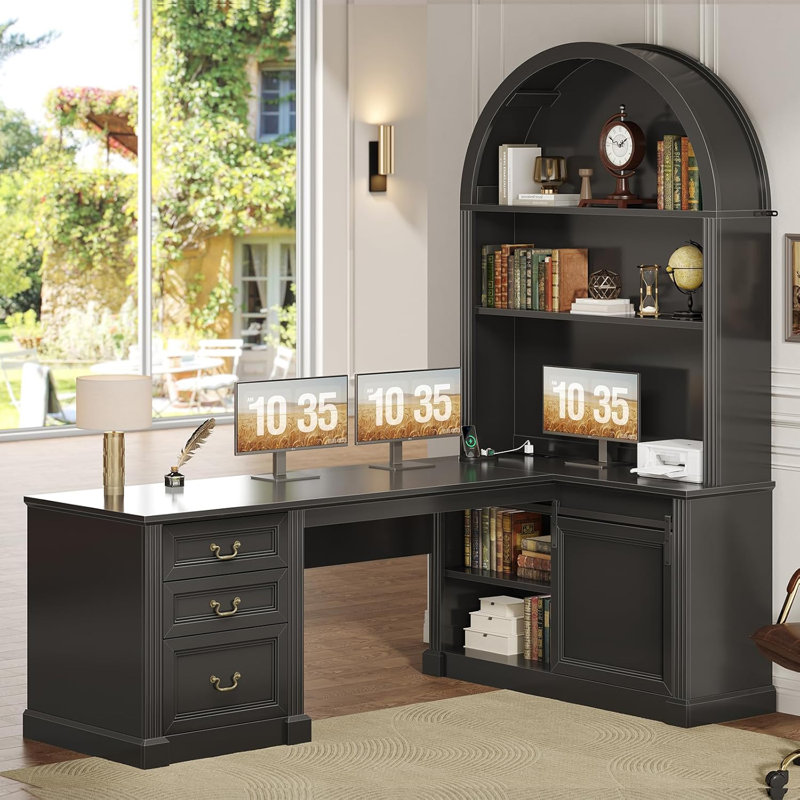 67" L Shaped Desk With Tall Arched Bookshelf, Black