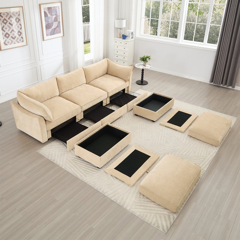 Canapé à assise profonde en U avec repose-pieds 3 places avec repose-pieds, canapé 3 places avec 2 repose-pieds mobiles, canapé modulaire surdimensionné avec tiroir de rangement sous chaque siège, chenille