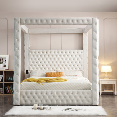 Jittender Luxurious Velvet Upholstered Canopy Bed with Speaker & USB  Connection