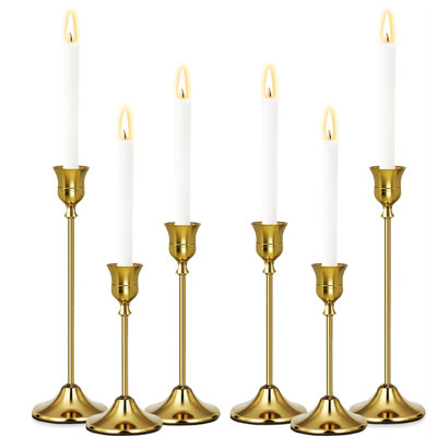 6-Piece Weighted Brass Candlestick Set - Vintage Taper Candle Holders, Heavy Base Metal Home Decor For  Table, Mantel