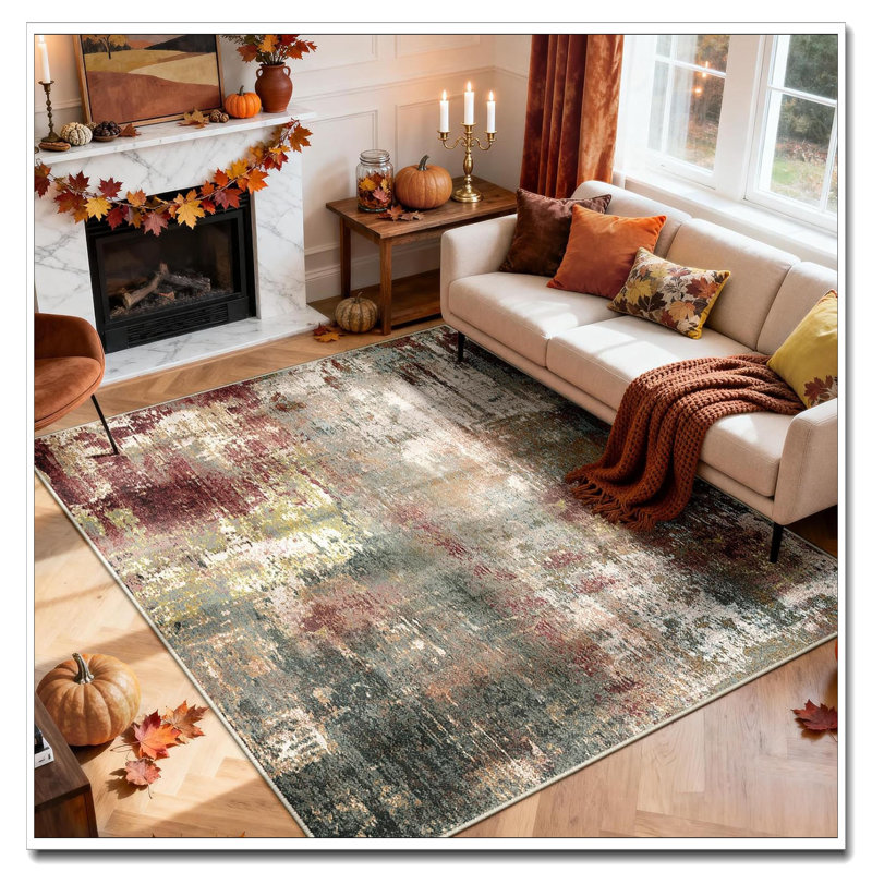 Washable 8'X10' Non-Slip Area Rug - Soft Modern Abstract Print Rug For Living Room Entryway Bedroom Nursery, Brown Rust Red Multi