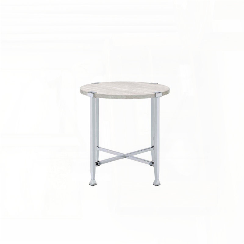 Round End Table with X-Support Base – White Oak & Chrome