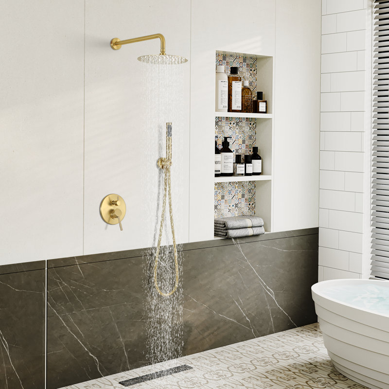 Brushed Gold Wall Mounted Rain Shower System with Handheld