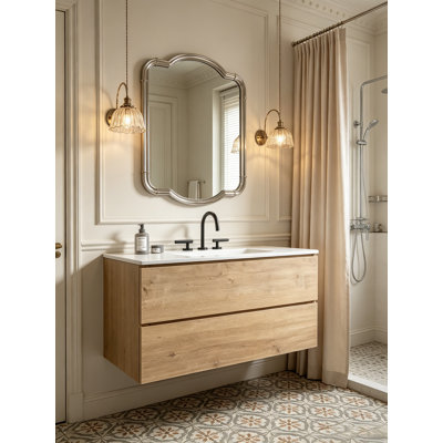Meuble-lavabo mural flottant avec lavabo en céramique et tiroirs à fermeture en douceur