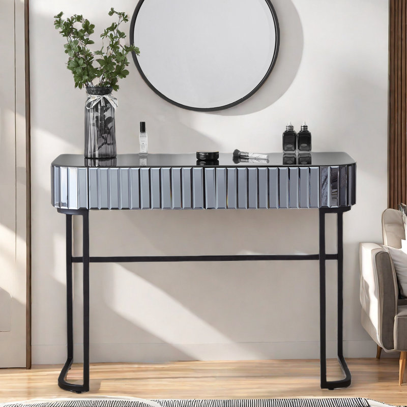 Makeup Vanity Table With Stainless Steel Base, 2 Drawers And Mirrored Glass Tabletop, Gray/Black