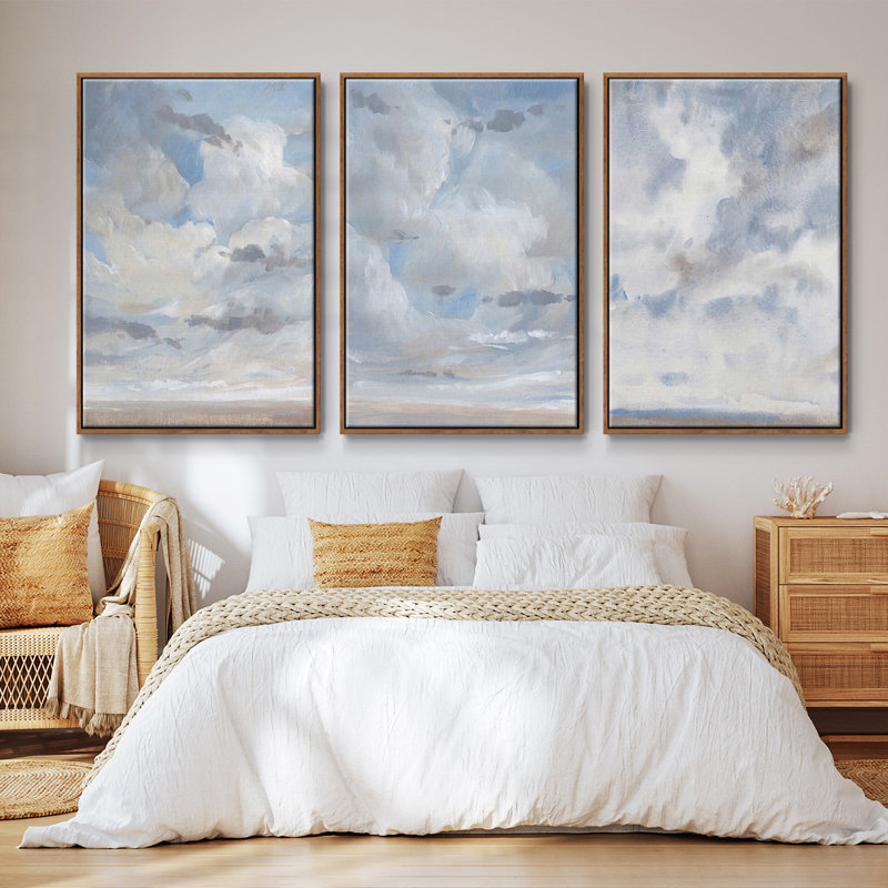 Bleu ciel I, ensemble de 3 toiles encadrées, Noyer, H 27 po x l 54 po