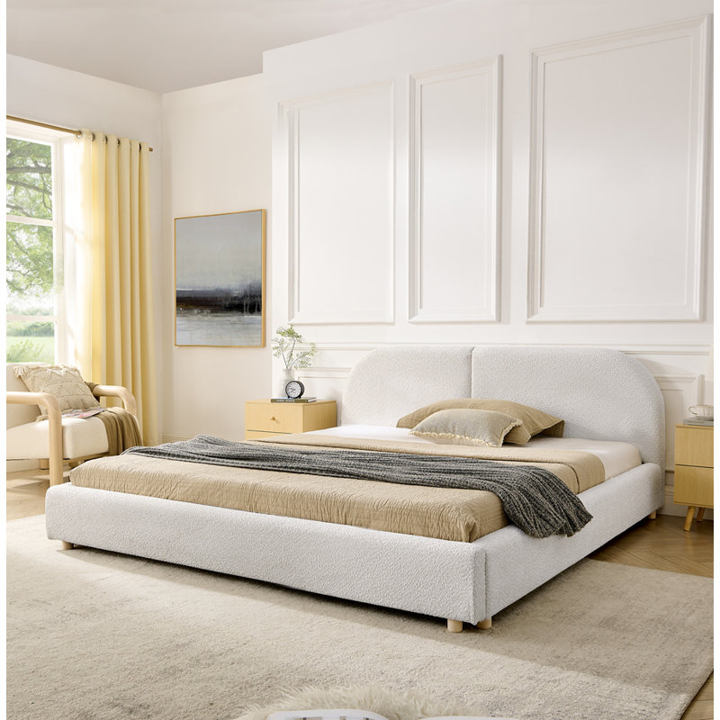 Structure de lit tapissier pour grand lit, style minimaliste moderne avec tête de lit haute incurvée, tissu de fil circulaire de qualité supérieure et support de pieds robuste, matelas non inclus