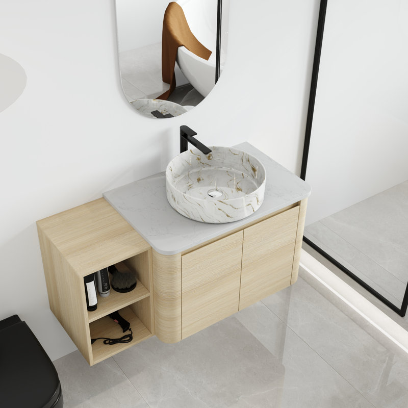 Greythor 42'' Wall-Mounted Single Bathroom Vanity With Ceramic Sink & Storage Shelves,42'' Single Bathroom Vanity Set With Engineered Stone Top