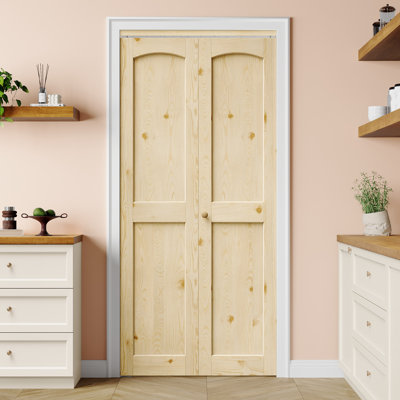Porte de placard pliante double 72 po x 80 po, 2 panneaux en pin avec porte intérieure pliante de style arqué, texture naturelle et toucher chaleureux, avec trousse de quincaillerie d'installation durable (idéale pour placard, garde-manger, buanderie, salon et salle de bain)