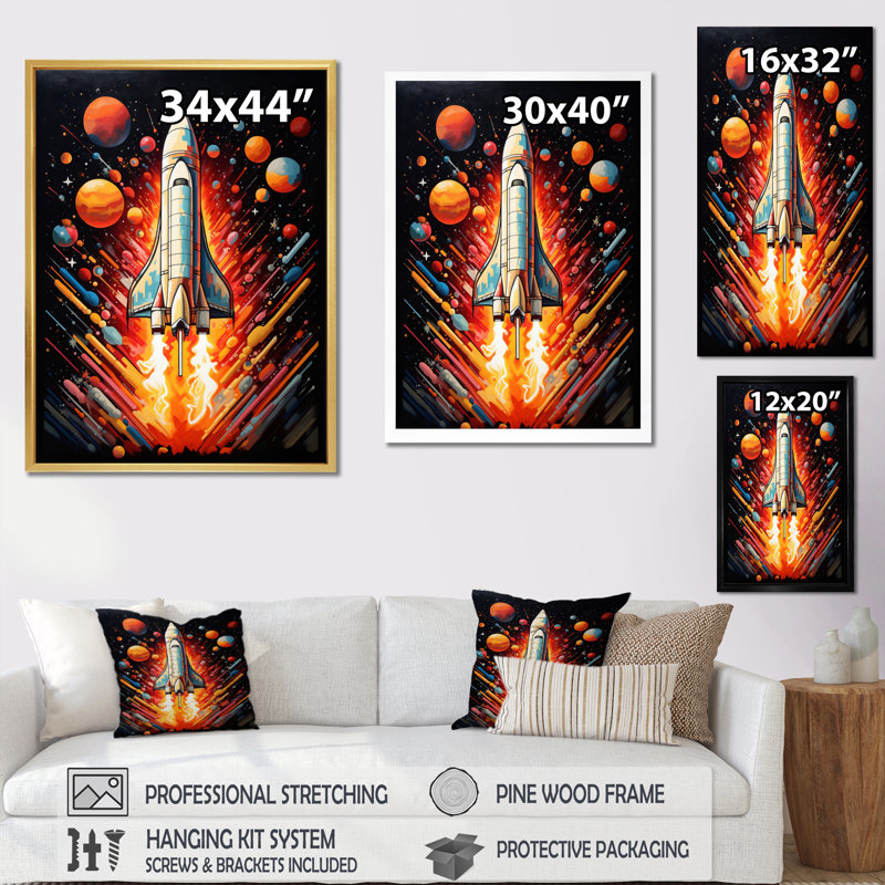 Rocketship Stellar Voyage I - Art mural sur toile Rocketship, H 20 po x l 12 po x P 1 po, Cadre flottant noir