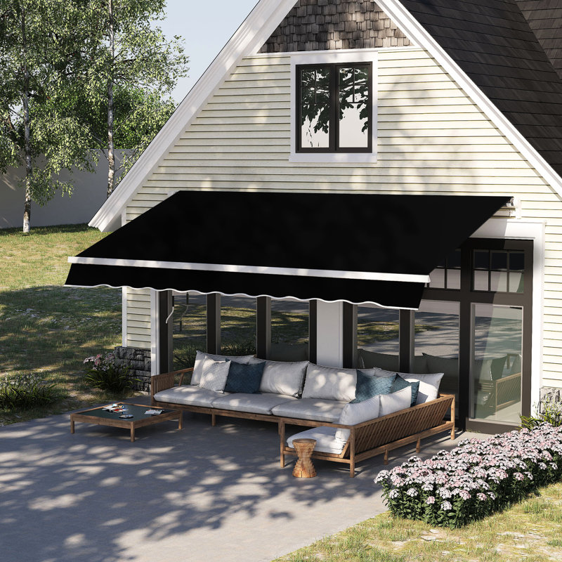 Auvent de patio 8 pi x 7 pi - Parasol rétractable noir manuel. Facilement réglable pour minimiser l'impact du soleil et la chaleur, s'adapte à plusieurs surfaces, aluminium solide, tissu en acier réduit