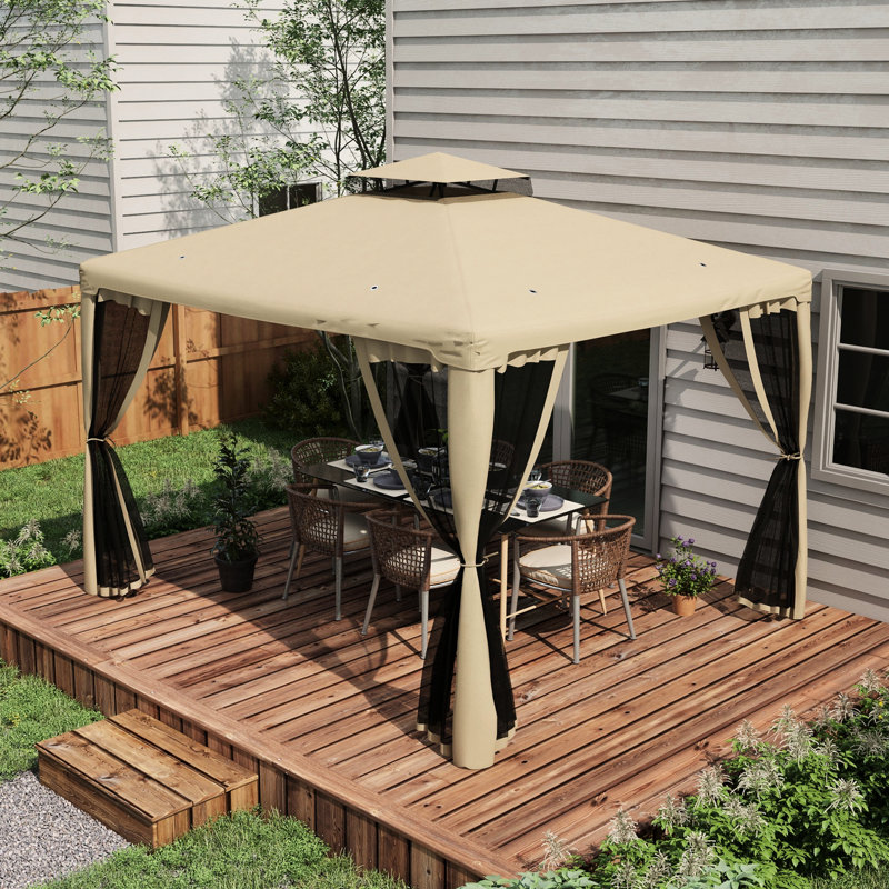 9.6'X11.6' Outdoor Gazebo - Spacious Canopy, 2 Roof, Steel Frame, Taupe For Backyard 9.6' X 11.6' Shelter With Roof And Netting, Protected, Garden, Lawn, Backyard, Deck, Taupe, Uncomplicated Assembly