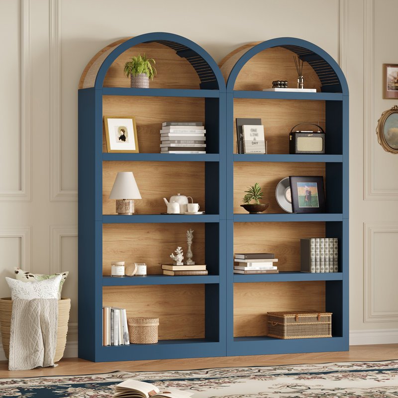 Freestanding 5 Tier Bookcase Set Of 2, Open Storage Display, Arched Top Design, Modern Farmhouse, Living Room, Blue