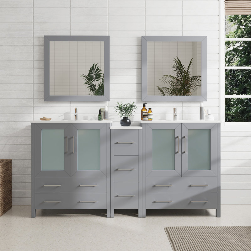 Brescia 72" Double Sink Freestanding Bathroom Vanity with Ceramic Top and Matching Mirrors, Gray