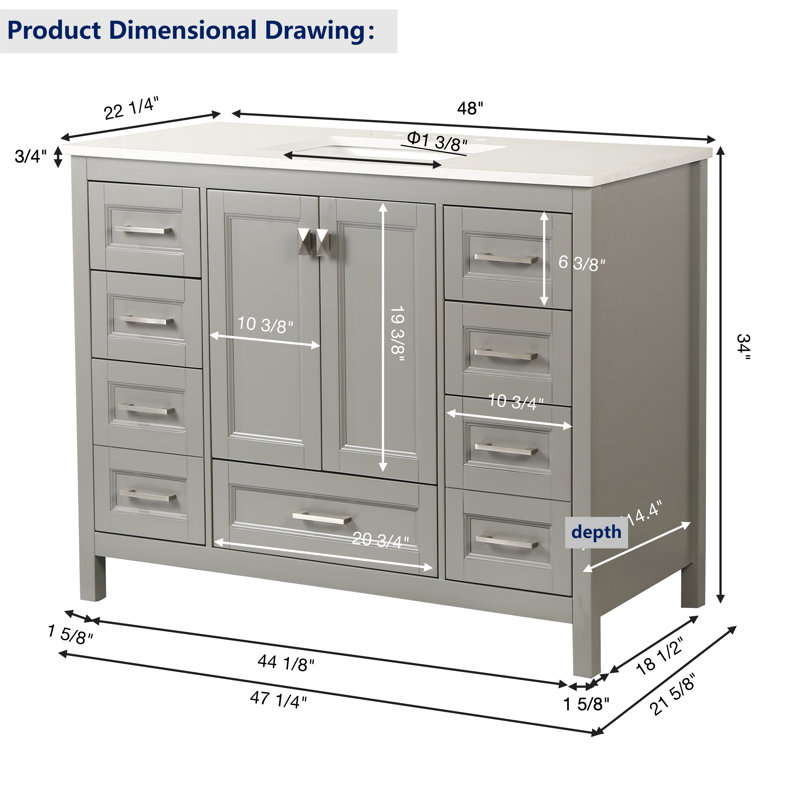 48"Single Bathroom Vanity with Engineered Stone Top, Gray