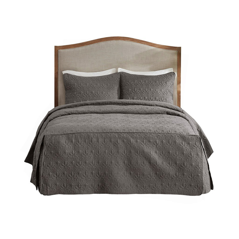 Couvre-lit plissé 3 pièces, Couvre-lit de grande taille + 2 taies décoratives, Gris foncé