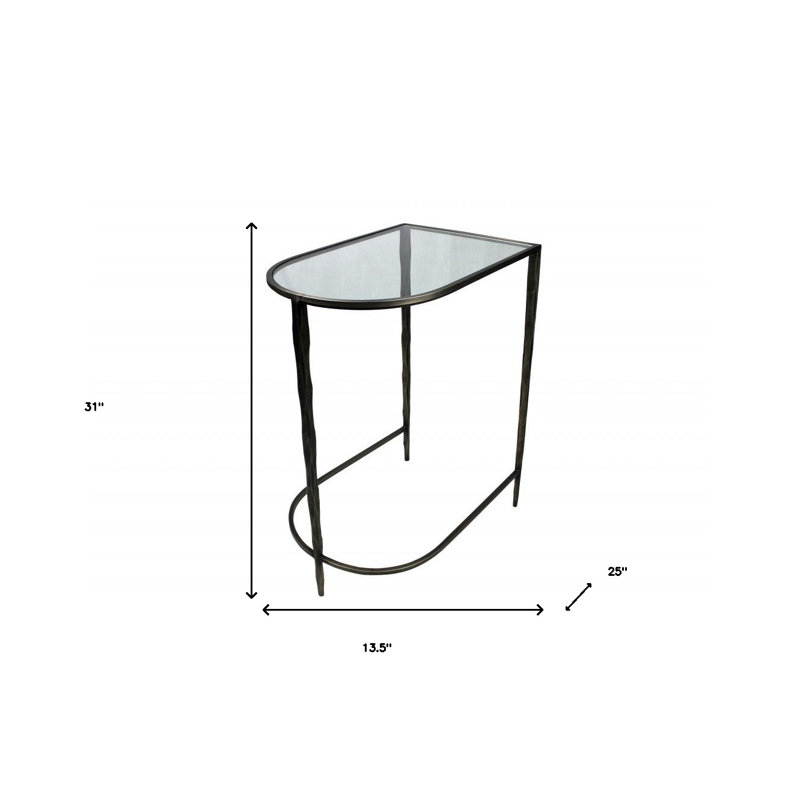 Set of Two 25" Black And Clear Glass And Genuine Marble Half Circle Three Leg Console Table