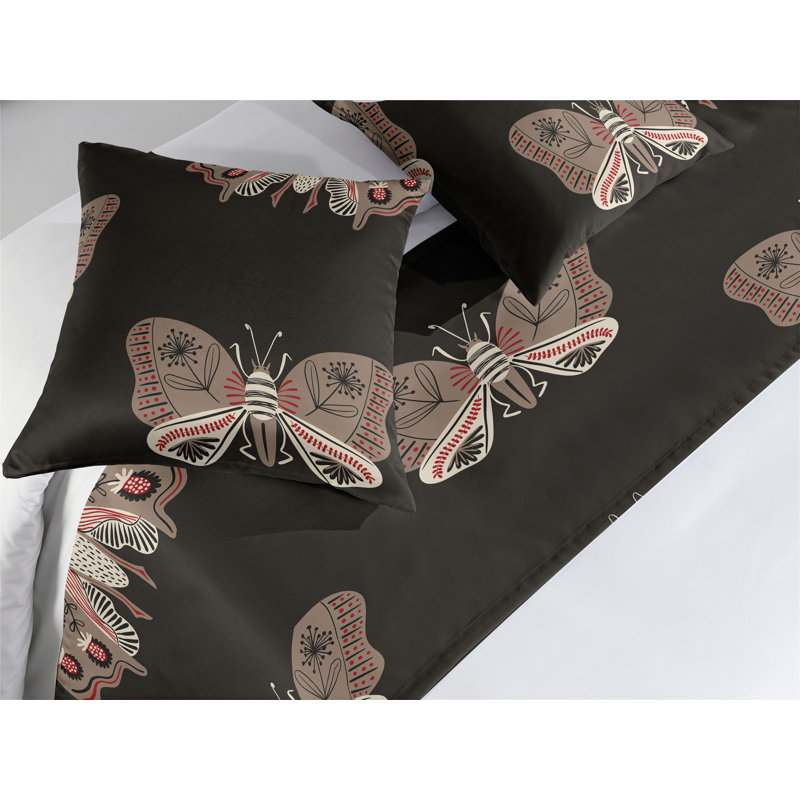 Ambesonne Bohemian Bed Runner Set American Traditional Moth Cocoa Charcoal Grey and White, King