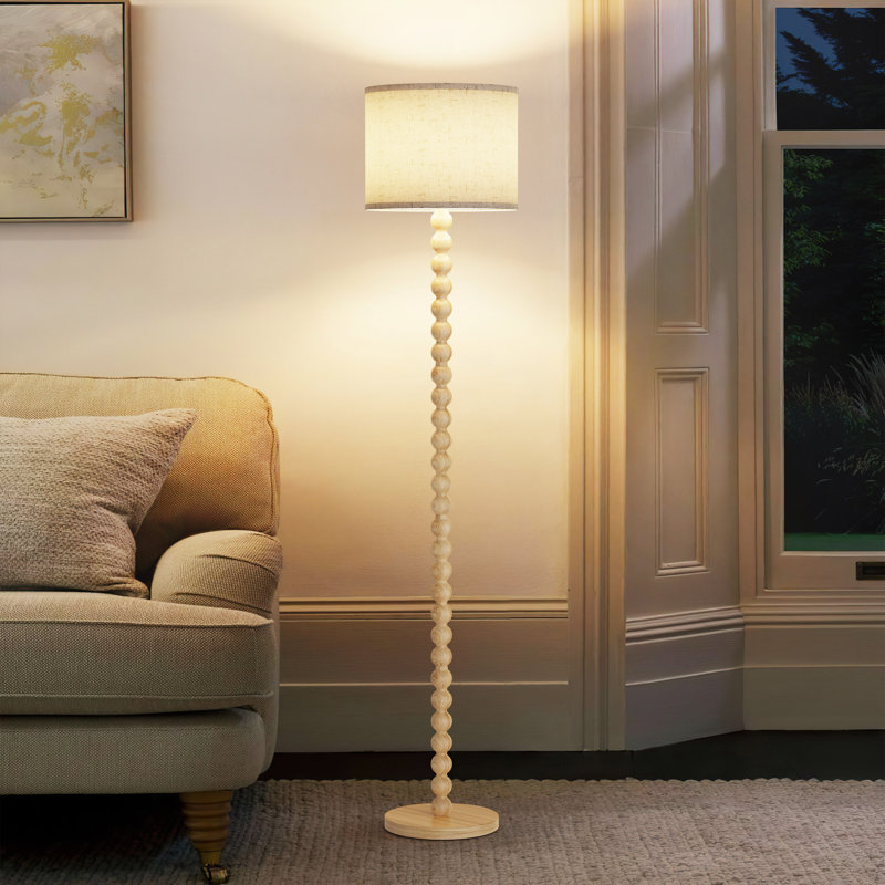 Lampe sur pied traditionnelle en bois massif avec colonne perlée et ampoule 3 couleurs incluse, Naturel