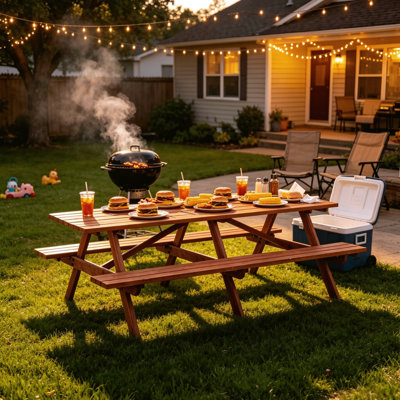 Table de pique-nique d'extérieur en bois brun rustique pour 12 personnes avec bancs intégrés, grande table de patio de 94,5 pouces avec trou pour parasol, meubles résistants aux intempéries pour les rassemblements de jardin de jardin