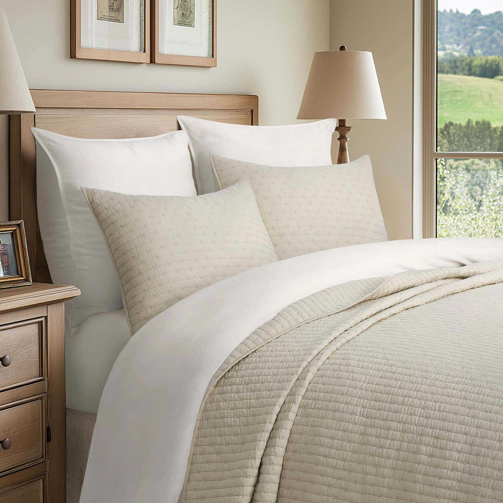 Cotton Quilt Set, Flax Beige, Oversized CalKing Quilt + 2 Cal King Shams