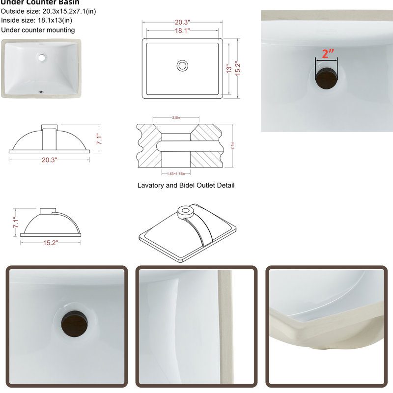 MONSFEST 15.2'' Ceramic Rectangular Bathroom Sink