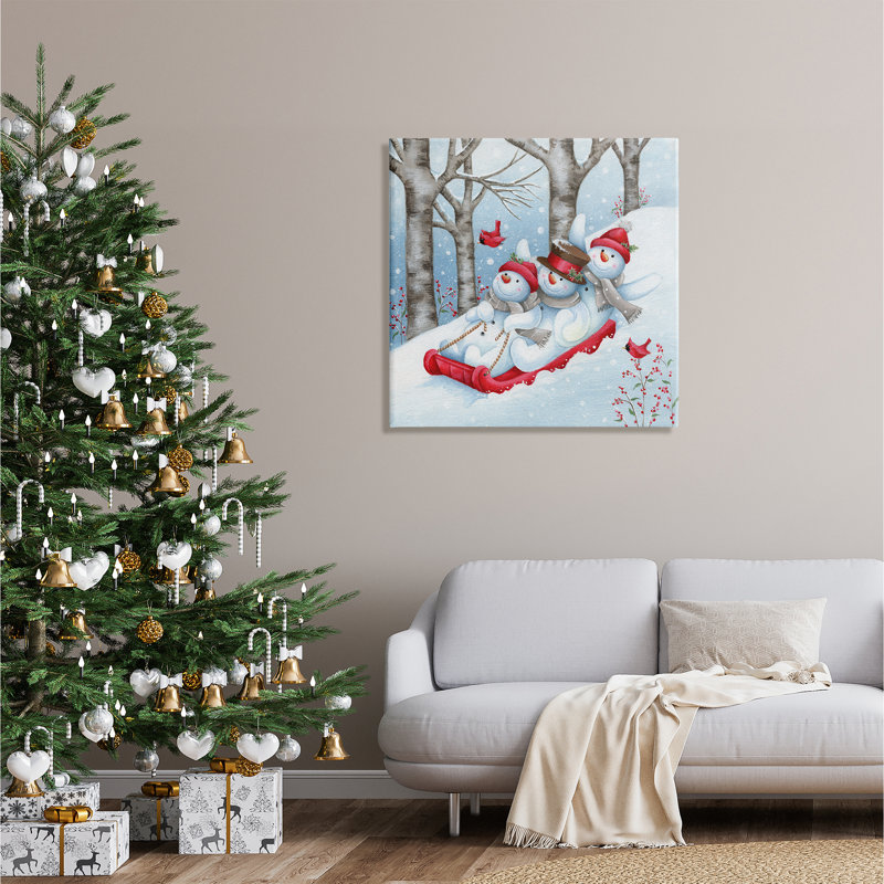 Joyeux bonhomme de neige en trio sur toile par Emma Leach, H 30 po x l 30 po x P 1,5 po