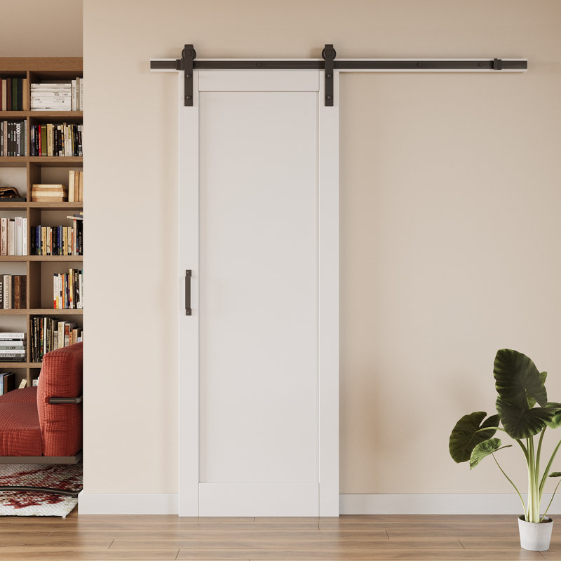 Finition apprêtée blanche - Porte de grange coulissante en bois manufacturé massif avec trousse de quincaillerie d'installation (fermeture en douceur incluse et aucun assemblage requis)
