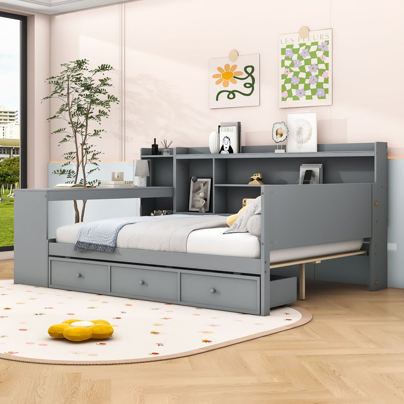 3 Drawers Wood Daybed with Built-in-Desk, Gray, Full