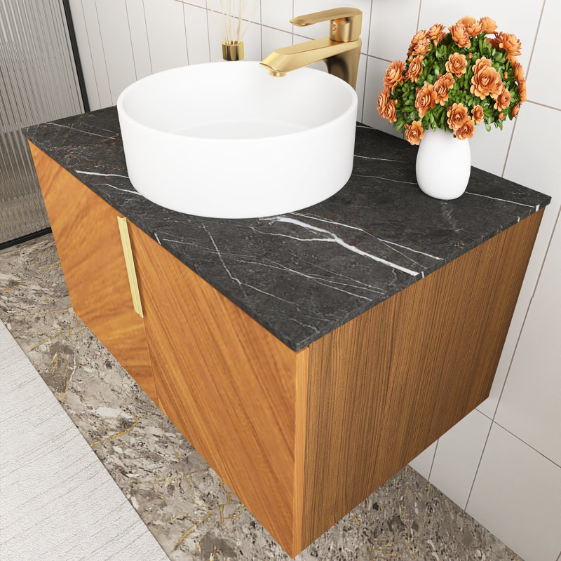 Meuble-lavabo mural 30 po en contreplaqué à grain de bois espresso avec portes doubles, comptoir en pierre frittée noire et lavabo rond en céramique blanche