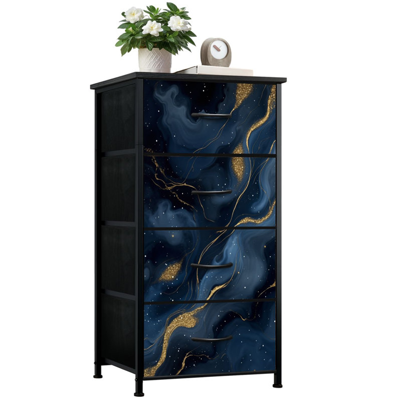 Commode pour chambre à coucher avec 4 tiroirs de rangement Abstrait bleu doré fluide et craquelé Commodes aux teintes douces Commode en acier avec structure en acier pour chambre d'enfant