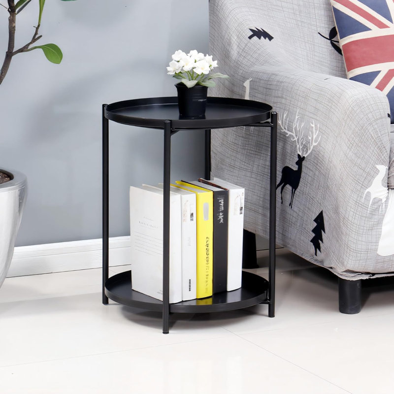 2-tier Metal Coffee Didonato Sofa Side With Removable Table Round Anti-rust Tray Black, Black