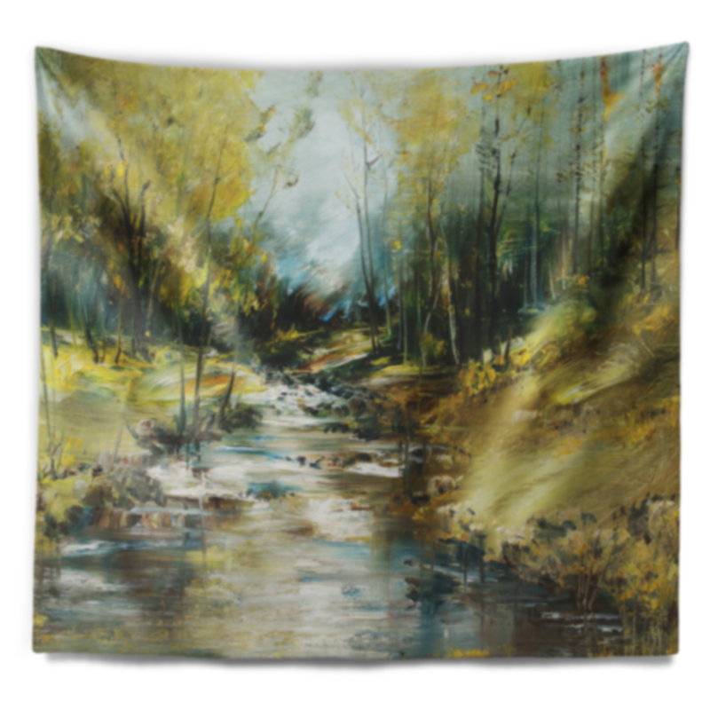 Paysage, ruisseau dans la forêt, tapisserie, peinture à l'huile, H 32 po x l 39 po