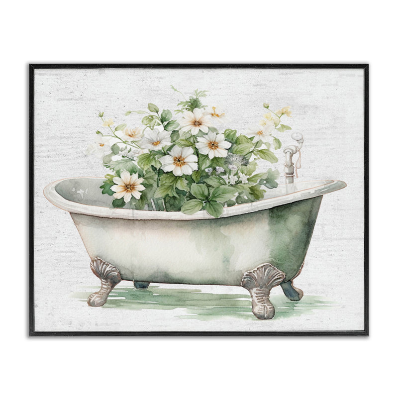 Baignoire Boho avec marguerites, giclée encadrée, design par lettré et doublé, H 24 po x l 30 po, Giclée encadrée noir minuit