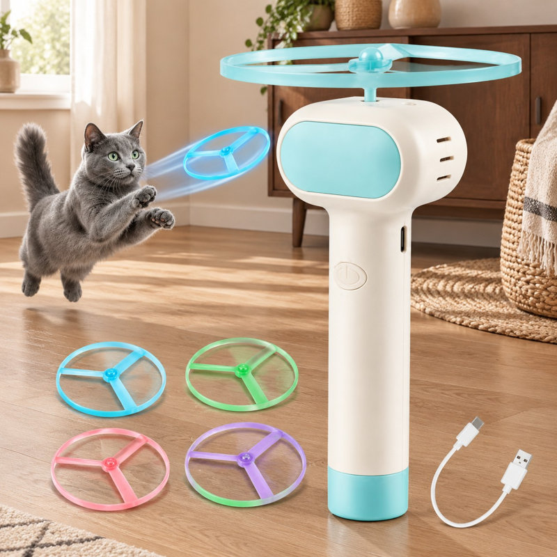 Lanceur de gâteries rechargeable grande capacité pour chats, avec 5 disques volants souples et flexibles pour chatons et chats adultes d'intérieur, pour jouer à la poursuite et au pistage.