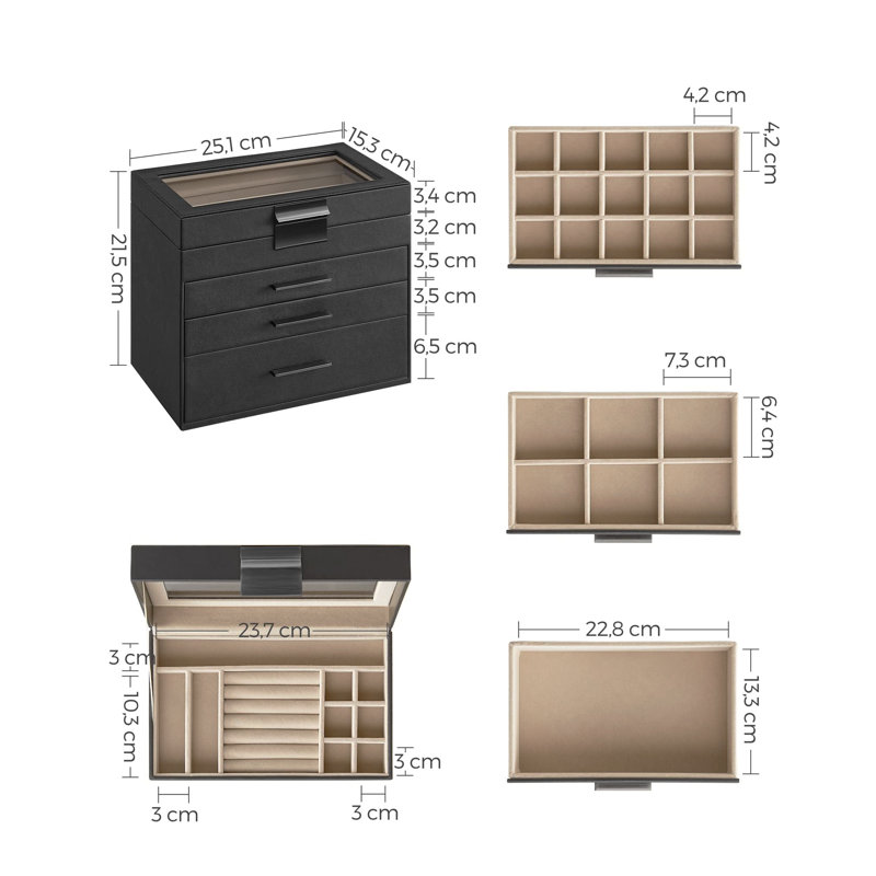 Wood Jewellery Box +, Black/Silver
