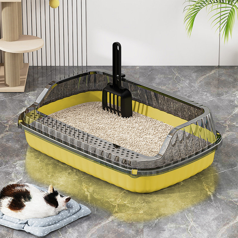 Bac à litière semi-fermé pour chat avec pelle, 14,37 x 10,63 x 4,72 pouces, jaune, Jaune