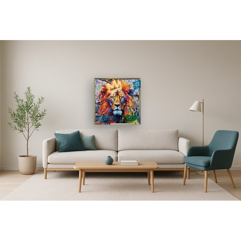 Lion avec couronne néon, art mural 33 po x 33 po, cadre multicolore
