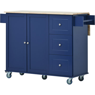 Rolling Mobile Kitchen Island With Drop Leaf - Solid Wood Top, Locking Wheels & Storage Cabinet 52.7 Inch Width(Dark Blue)