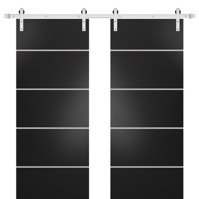 Porte de grange double robuste avec quincaillerie Planum 0210 Noir mat, supports de rail de 13 pi, porte intérieure moderne à panneaux pleins - 48 po x 80 po (2 x 24 x 80 po) - Rail argenté