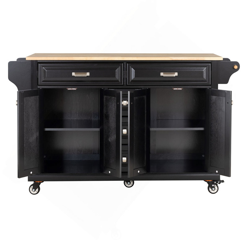 Îlot de cuisine avec comptoir en bois d'hévéa, chariot de cuisine sur 5 roulettes avec armoire de rangement et 5 tiroirs pour la salle à manger