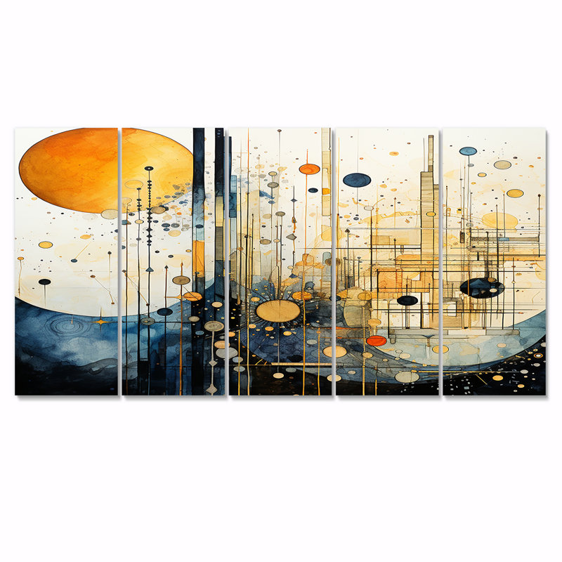 Pleine lune musique montagnes - ensemble d'art mural abstrait paysage 5 pièces, H 32 po x l 80 po