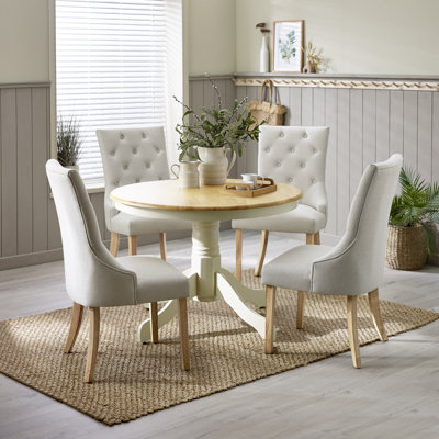 Bale Round Solid Wooden Table With Eubanks Linen Fabric Chairs - Traditional Rustic Farmhouse Style