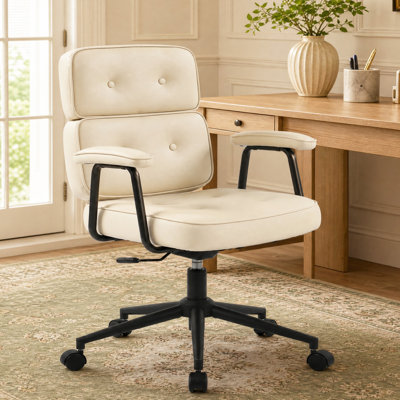 Faux Leather Button Tufted Task Chair, Office Swivel Chair with Padded Armrests