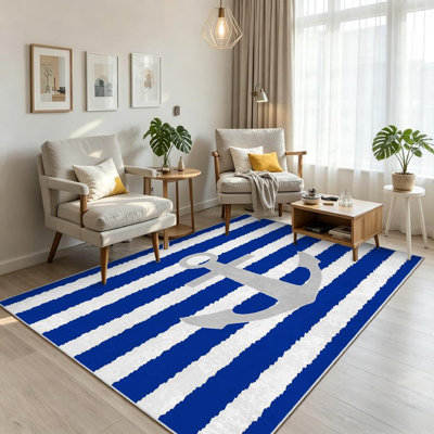 Blue Machine Washable,Drawn Sailor Stripes Seamless Indoor Area Rug