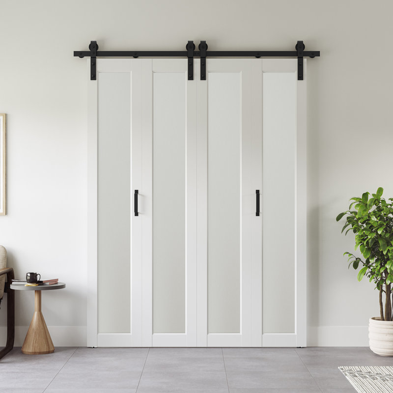 Portes de grange doubles en verre givré 1-Lite avec ensemble de quincaillerie d'installation, L 56 po x H 84 po