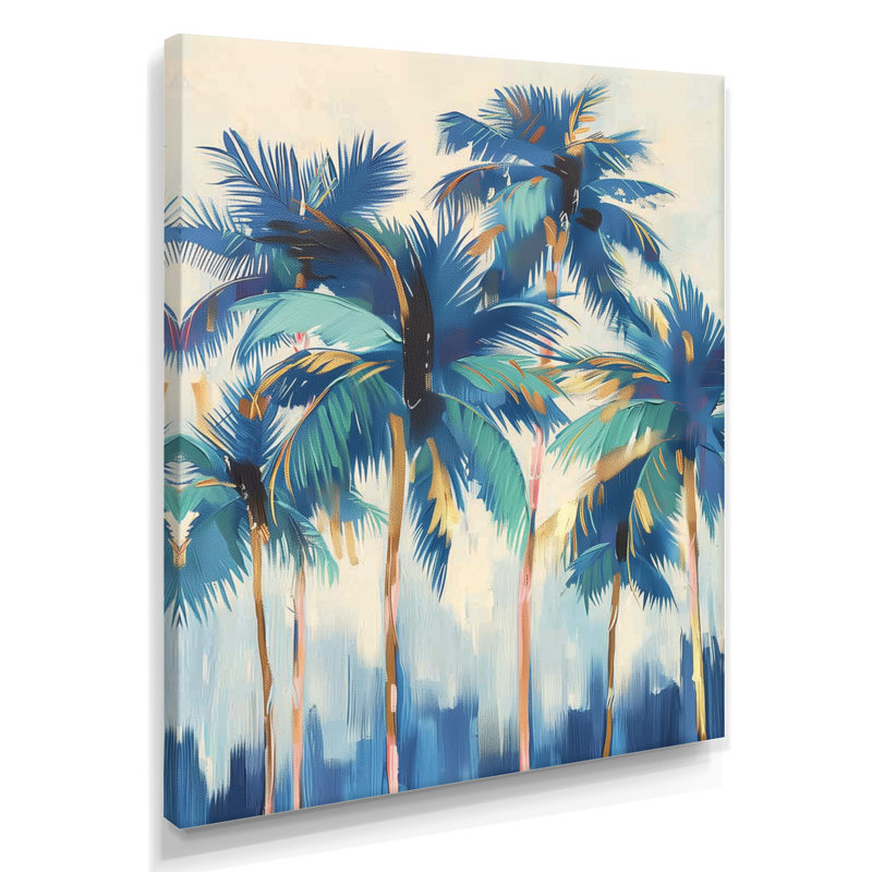 «Blue and Gold Palm Tree Forest In California II» - palmiers et palmiers, art mural, Toile tendue, H 44 po x l 34 po