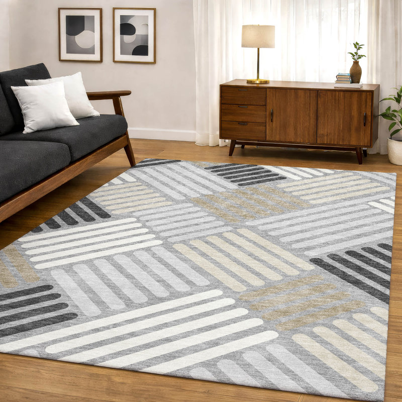 Premium Machine Washable Mayfield AMF2339 Geometric Rug, Gray, 5' x 7'6"