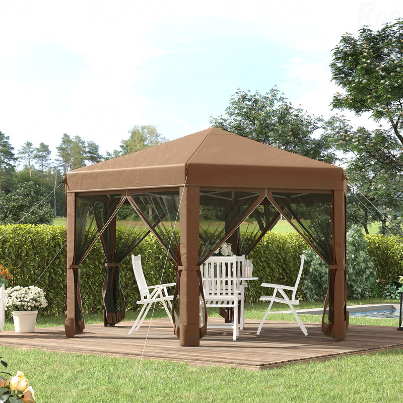 13X11FT Hexagonal Pop Up Gazebo, For Outdoor Use With Adjustable Height & Steel Frame (Brown)